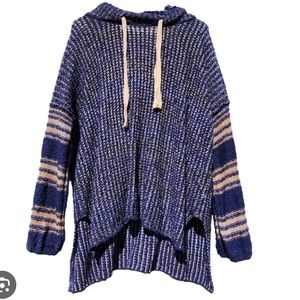 Free People Blue Striped Dolman Sleeve Oversized Hoodie Size Large Woven Sweater